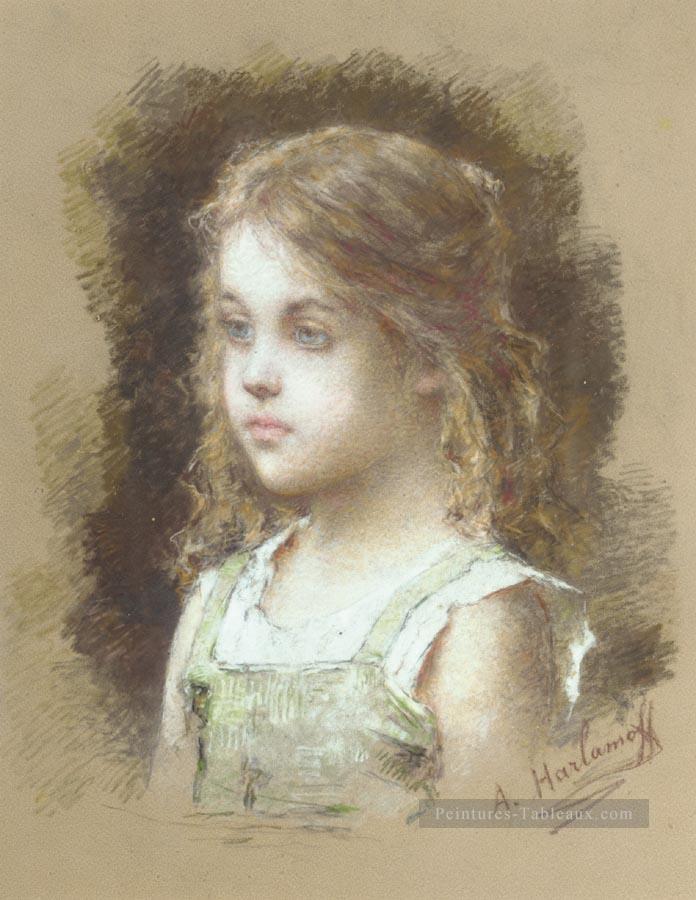 Jeune fille dans une tunique verte fille portrait Alexei Harlamov Peintures à l'huile